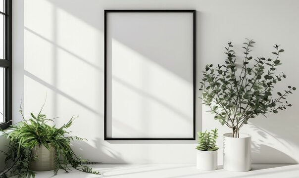 thin black frame with no content on a light colored floor with a white wall behind it. mockup of an empty poster frame. mockup of an empty picture frame. empty picture frame. Generative AI