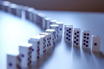 Row of Dominos on Table, Classic Game Ready to Be Played, A chain reaction of falling dominos to represent runaway inflation, AI Generated