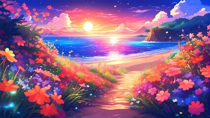 Sunrise over a sea beach with colorful flowers.	