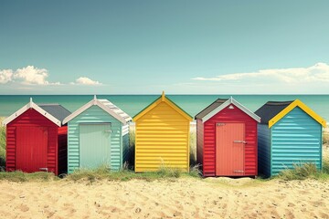 Naklejka premium A picturesque row of vibrant beach huts beautifully situated on a sandy shoreline, A charming row of colorful beach huts along a sandy shoreline, AI Generated
