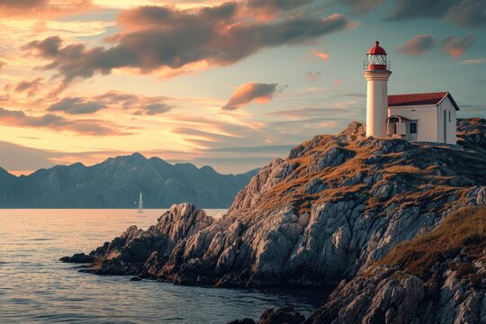 A picture capturing a majestic lighthouse standing tall on a jagged rock, with the vast ocean in the background, A charming lighthouse on a rocky coast, AI Generated
