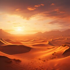 A vast desert landscape with towering sand dunes, as the sun sets, casting a warm, orange glow across the arid expanse