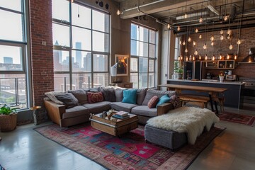 A comfortably furnished living room flooded with natural light from the multiple large windows, A chic industrial loft space with exposed brick walls and hanging Edison bulbs, AI Generated