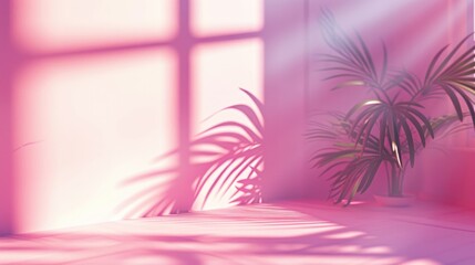 Fototapeta na wymiar Abstract pink color gradient studio background for product presentation. Empty room with shadows of window and flowers and palm leaves . 3d room with copy space. Summer concert. Blurred backdrop. 