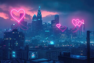 A captivating city skyline illuminated by vibrant neon hearts floating playfully in the night sky, A city skyline at dusk with heart-shaped neon lights, AI Generated