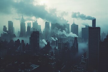 This photo captures the moment when smoke emerges from a city, creating a visually striking and alarming scene, A city skyline doomed by the shadow of inflation, AI Generated