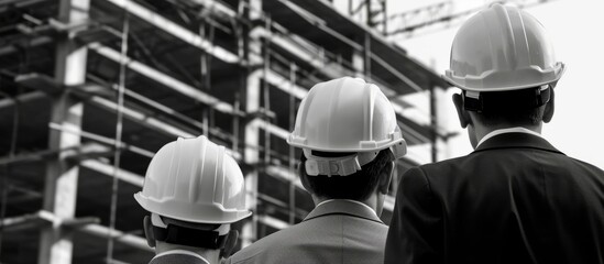 Three individuals in hard hats are positioned in front of an under-construction building, donning personal protective equipment for engineering work.