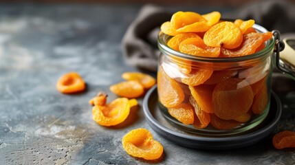 Dried apricots chips in glass jar. Dietary nutrition. Natural and healthy snack food.
