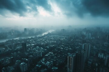 A captivating photo showcasing an aerial view of a city immersed in rainfall, highlighting the urban landscape in a downpour, A city soaked in heavy rainfall from the sky view, AI Generated