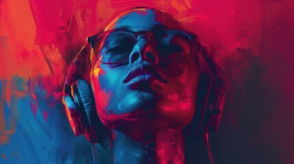 Digital art portrait of person listening to music on headphones    - obrazy, fototapety, plakaty
