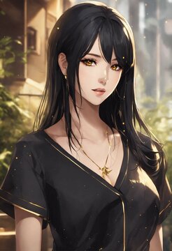  Shoulder-length black straight hair. golden eyes. The face is beautiful, but not flashy. anime reskin style