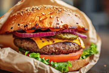 A delectable hamburger stacked with savory onions, melted cheese, and tangy pickles, A close up...