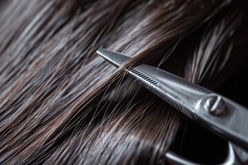 Naklejka premium A detailed shot capturing the precise moment when a pair of scissors is cutting hair, A close-up depiction of scissors cutting a strand of hair, AI Generated