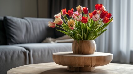 minimal home interior with stylish wooden coffee table and bouquet of fresh tulips   