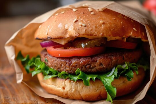 Classic Hamburger With Lettuce, Tomato, and Onion, A Tasty and Nourishing Meal, A close up image of a vegan burger wrapped in recyclable brown paper, AI Generated