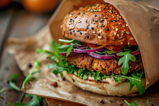 Chicken Sandwich With Lettuce and Onions in Paper Bag - Delicious Lunch for Takeout, A close up image of a vegan burger wrapped in recyclable brown paper, AI Generated
