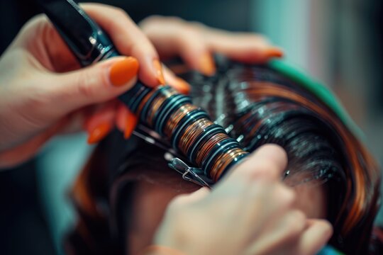 A woman sits in a comfortable salon chair, having her hair professionally styled and pampered, A close-up image of a hairdresser's hands setting hair rollers, AI Generated