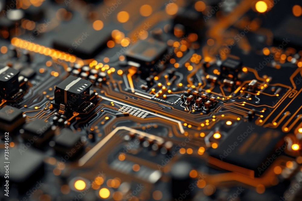 Poster an up-close photo revealing the intricate details of a computer circuit board, showcasing the variou