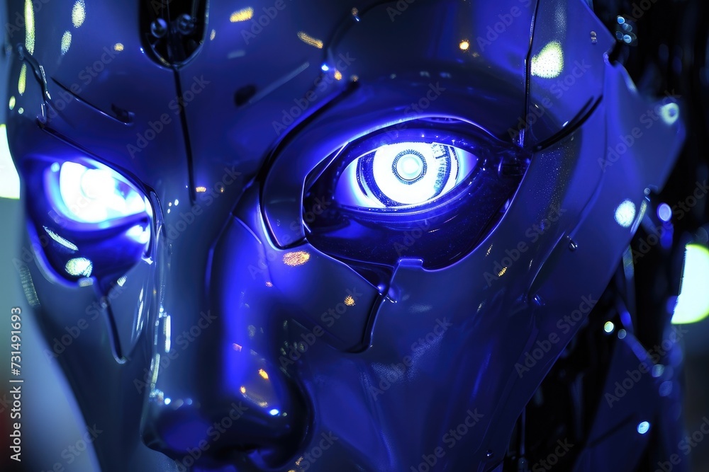 Poster close-up of robot with glowing eyes, futuristic technology in action, a close-up on the illuminating