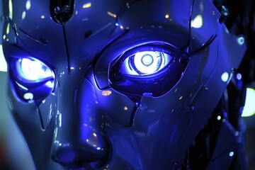 Close-up of Robot With Glowing Eyes, Futuristic Technology in Action, A close-up on the illuminating eyes of a robot, AI Generated