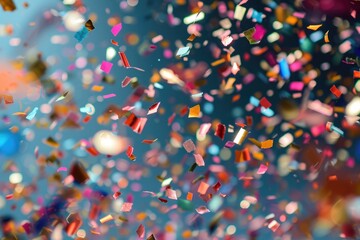 Witness a breathtaking explosion of vibrant confetti as it fills the air in a moment of joyous celebration, A close-up view of shiny confetti particles, AI Generated