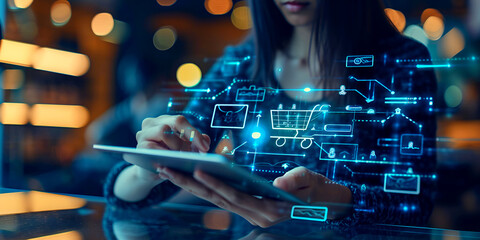 A woman focusedly engaged in research, utilizing cutting-edge AI technology on a modern tablet, surrounded by digital data visualizations and algorithmic patterns