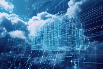 Obraz premium A lone white cloud peacefully drifts across a vibrant blue sky, creating a serene and soothing atmosphere, A cloud of digital data constructed around a building blueprint, AI Generated