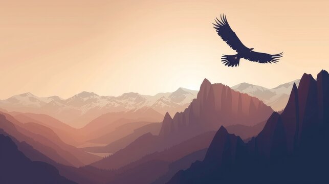 Rocky Mountains and flying eagle bird Landscape minimalistic style scenic aerial view   