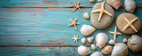 Flat lay Minimal summer holiday vacation concept, Top view rocks and seashell starfish on blue wood background - obrazy, fototapety, plakaty