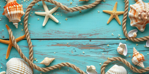Fototapeta na wymiar Top view beach scene of seashell starfish and rope on blue wooden background, Flat lay Minimal