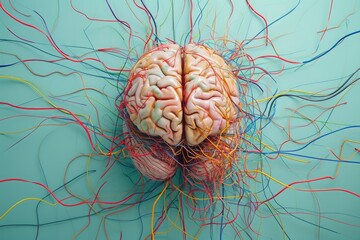 Human Brain With Wires, Illustration of Neural Connections and Technology Integration, A collage of human brain imagery interwoven with wires for a neurology podcast, AI Generated