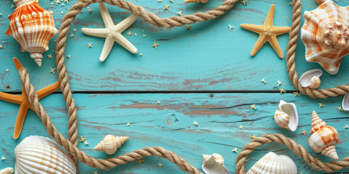 Top view beach scene of seashell starfish and rope on blue wooden background, Flat lay Minimal