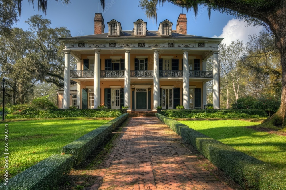 Poster a majestic and imposing large house featuring a row of impressive columns on its front facade, a col