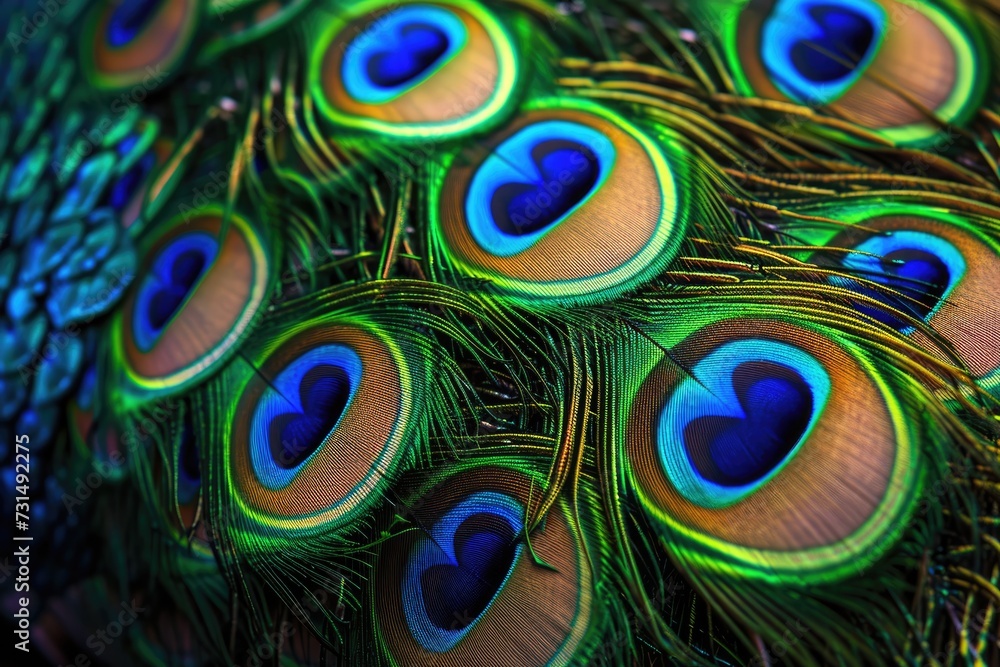 Poster this close-up photo captures the intricate and colorful patterns found in a peacocks feathers, a col
