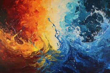 A visually striking abstract painting featuring energetic blue, orange, and yellow waves, A collision of water and fire depicted in bold, contrasting colors, AI Generated