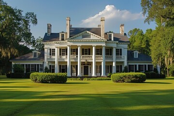 Obraz premium A picturesque large white house sits amidst a lush landscape of trees and grass in a serene rural environment, A Colonial Revival mansion poised elegantly on a southern plantation, AI Generated