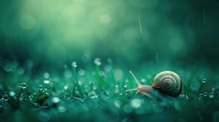 Obraz na płótnie Canvas vertical shot of a small snail on dewy green grass 