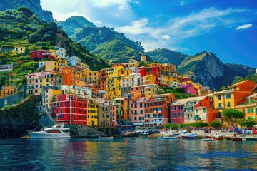 This photo showcases a beautiful painting of a village situated on the shoreline of a serene body of water, A colorful coastal town at the foot of a mountain, AI Generated - obrazy, fototapety, plakaty