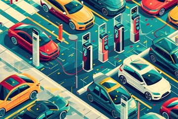 A parking lot filled with various cars of different makes and models, A colorful illustration of various electric vehicles charging at a station, AI Generated