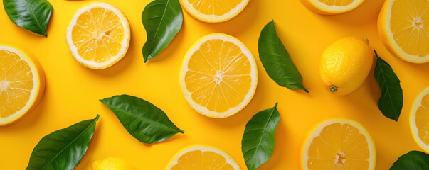 Top view flat lay seamless pattern with oranges slice and green leaf on yellow background - obrazy, fototapety, plakaty
