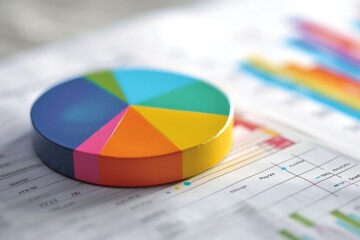 Fototapeta premium A vibrant pie rests delicately on a piece of paper, showcasing its beautifully diverse colors, A colorful pie chart showing a business financial breakdown, AI Generated