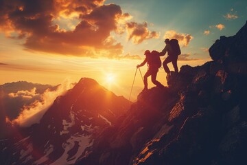 Two individuals ascending the side of a mountain during the setting sun, A visually stunning depiction of a hiker encouraging a friend during a mountain climb, AI Generated