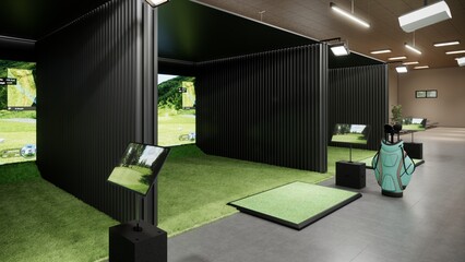 Indoor golf simulator 3d rendering - obrazy, fototapety, plakaty