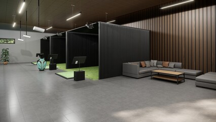 Indoor golf simulator realistic 3d rendering