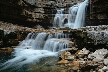 A large waterfall with an impressive amount of water flowing down in powerful cascades, A waterfall cascading over rugged cliffs, AI Generated