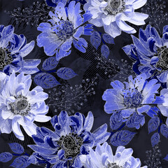 Light blue, blue flowers on a dark gray background. Seamless vintage floral pattern. - 731492894
