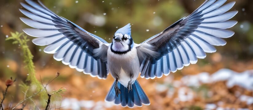 Blue Jay bird flying over snow