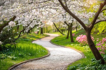 A winding path guides visitors through the vibrant foliage of a lush green park, A wavy pathway surrounded by blooming dogwood in a dreamy park, AI Generated