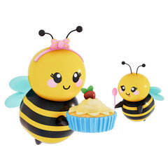 Obraz premium Happy Mother's day , Mom and baby bee family baking with mini cupcake on transparent background, 3D Rendering