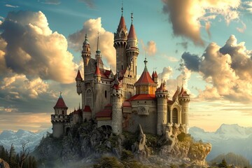An impressive castle stands proudly on the summit of a mountain, shrouded in clouds, A whimsical fairytale castle with turrets touching the sky, AI Generated - obrazy, fototapety, plakaty